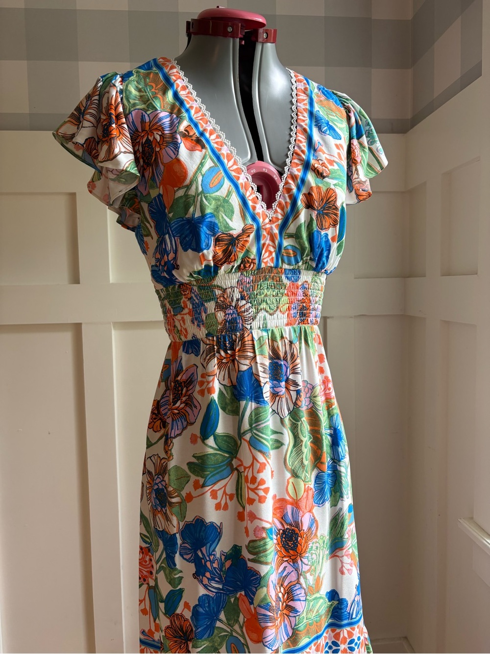 Adrianna Papell Blue and Orange Floral Smocked Maxi Dress 2 - Picture 6 of 9